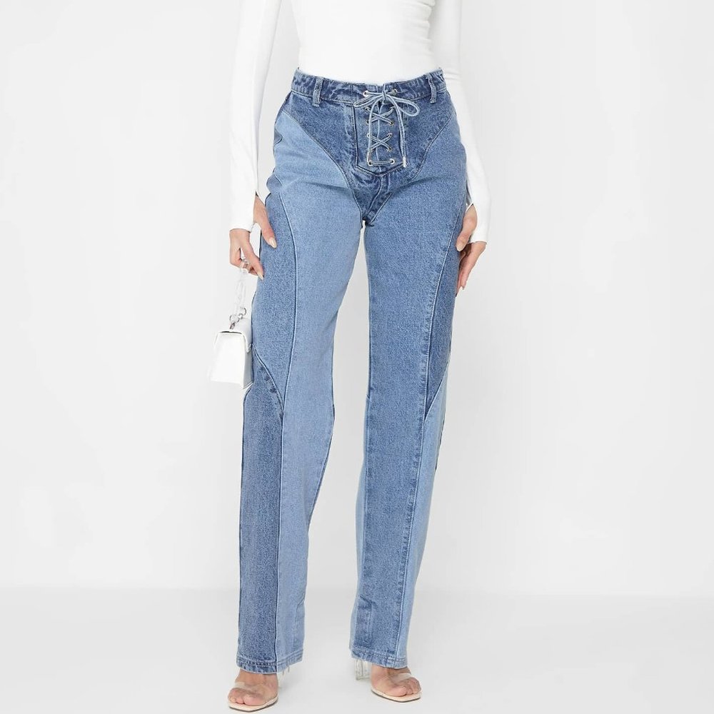 Maniere De Voir Lace Up Patchwork Mom Jeans